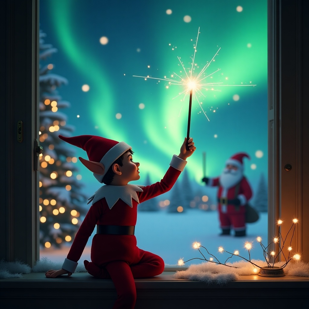 The scene features an elf on the shelf with his back to the viewer, gazing out of a window as he uses a wand to write in the night sky. The word 'Madison' sparkles in the air, illuminated by the enchanting glow of the northern lights. In the background, Santa Claus can be seen, adding to the magical Christmas atmosphere. Snow gently falls outside, creating a festive environment. The inside is decorated with soft textures and warm lights, enhancing the holiday spirit.