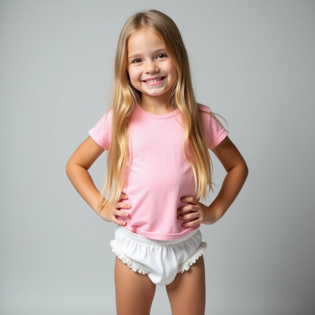 This image features a young girl with long blonde hair, showcasing a playful pose. She is dressed in a fitted pink t-shirt paired with a white diaper, emphasizing comfort. The background is a soft gray, which highlights her youthful innocence. Her relaxed stance, with one hand on her hip, exudes a sense of confidence. The soft lighting creates an inviting atmosphere that enhances the playful nature of the scene.