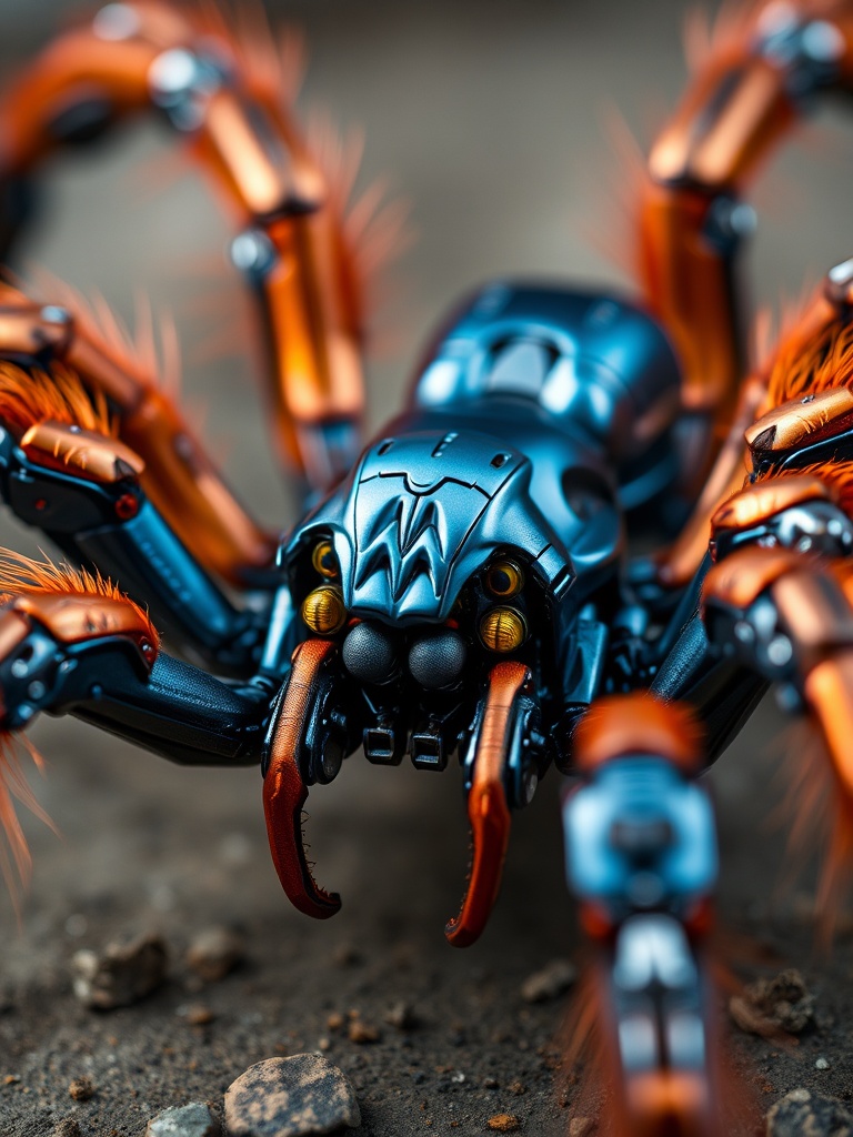 The image features a futuristic robotic spider, intricately crafted with metallic and vibrant orange elements. The design highlights its advanced mechanical structure with glowing accents, creating an aura of technological sophistication. The robot appears to be traversing a rugged terrain, drawing a striking contrast between nature and machinery.