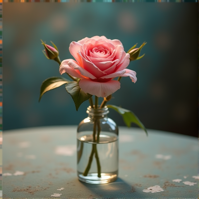 A pink rose is placed in a clear glass bottle filled with water, set on a blue table.