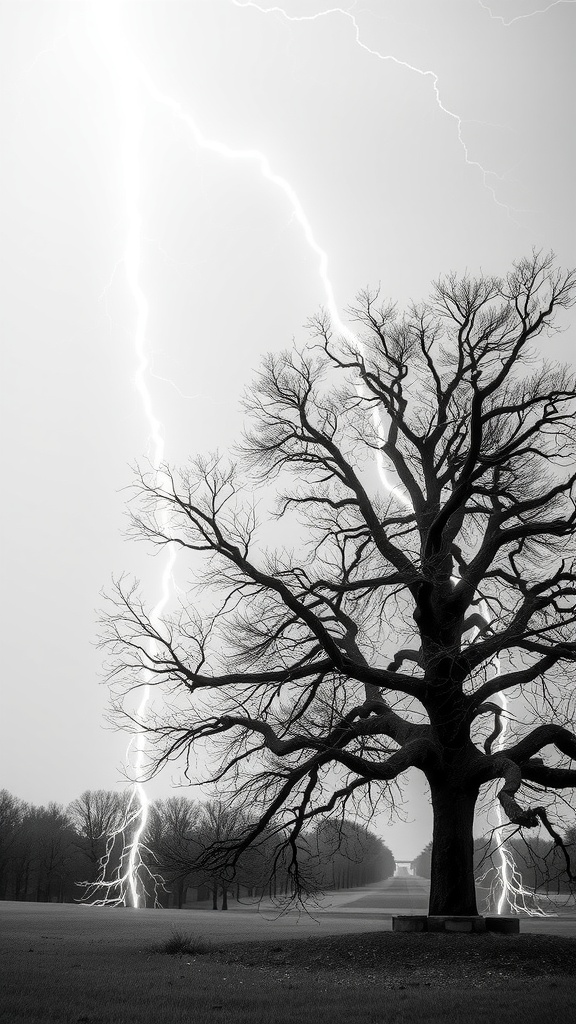 This striking black and white photograph captures a large tree in a field, dramatically lit by several lightning bolts during a storm. The stark silhouette of the tree stands against the bright, jagged streaks of lightning cutting through the sky, casting an almost eerie, yet mesmerizing atmosphere. The image exudes a sense of raw power and nature's unpredictable beauty.