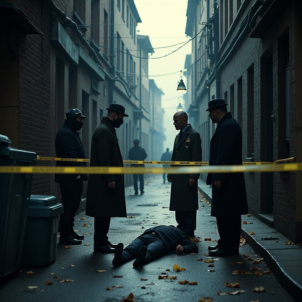 A grim alley surrounded by police tape. A dead body of a young man lies on the ground. Detective, officer, forensic specialist, and a witness are gathered around. The atmosphere is tense.