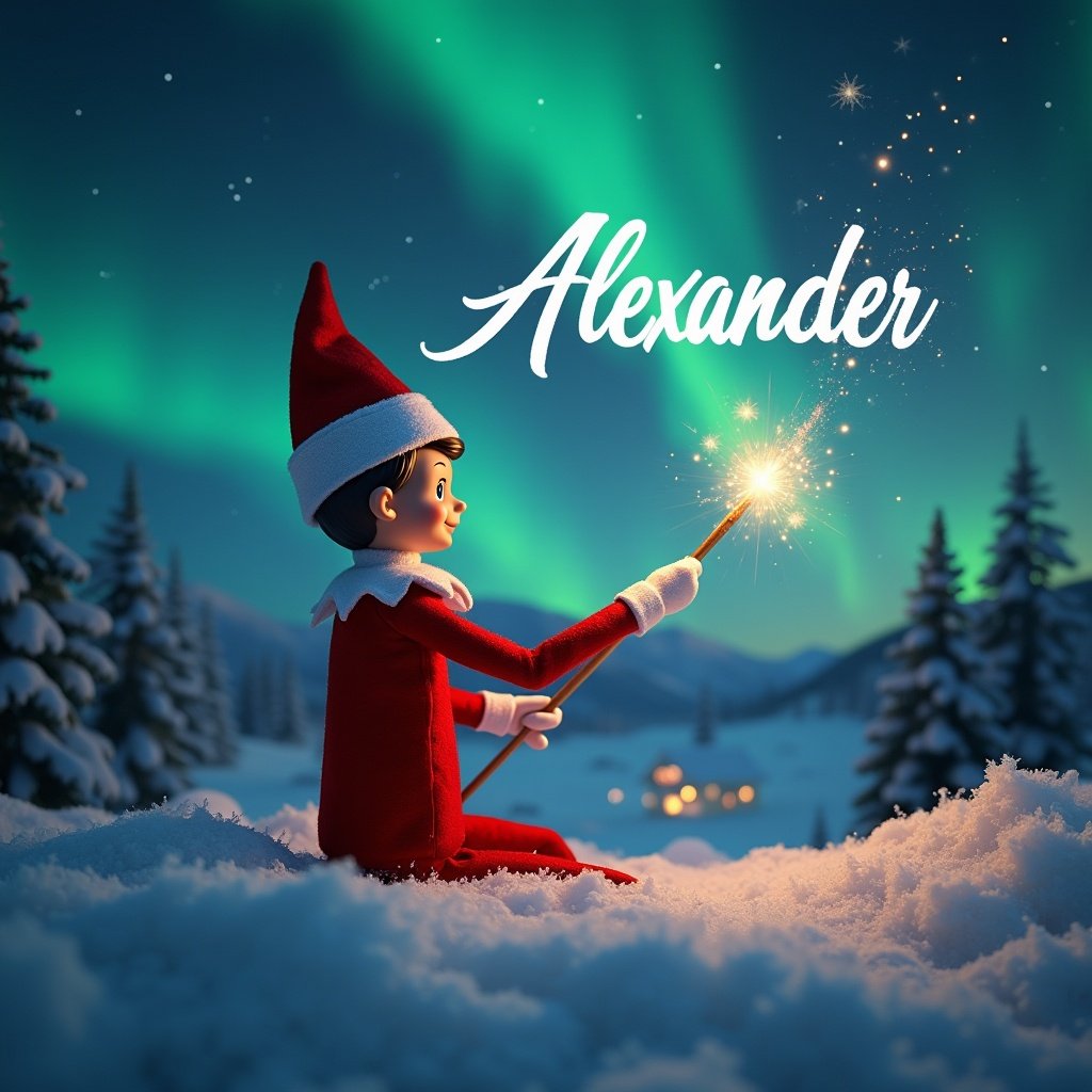 Elf facing the sky. Using a wand to write words in the air. Magical Christmas scene. Northern lights in the background. Santa's magic highlighted. Elegant appearance of names written in the sky.