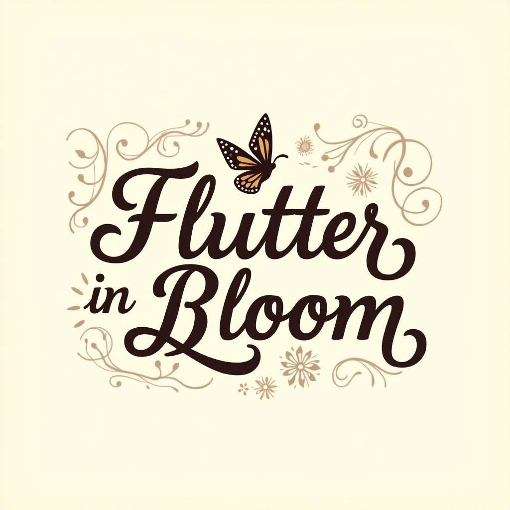 The image showcases the word Flutter in Bloom in a beautifully styled font. It features intricate swirls and flourishes that add a decorative touch. The color palette consists of soft beige with dark brown accents. This design is perfect for artistic endeavors, emphasizing creativity and artistry. The overall look is elegant and visually appealing, making it suitable for various creative industries.