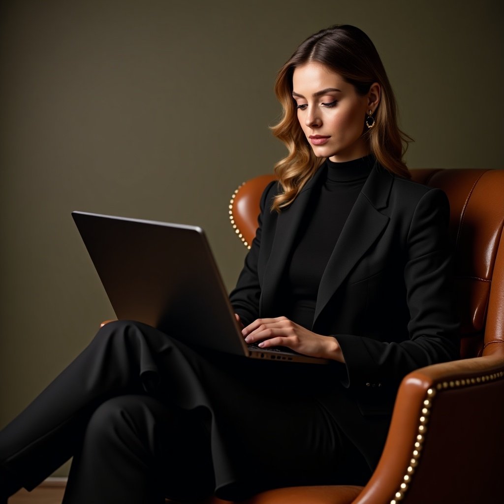 A woman in a sophisticated black outfit working on a laptop from a luxurious chair.