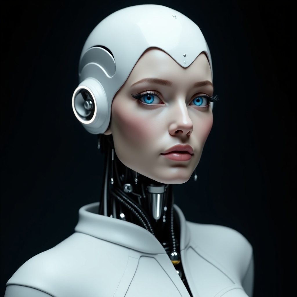 Futuristic humanoid robot with striking features. Robot has blue eyes and flawless skin. Wears sleek white outfit. Dark background enhances elegance. Soft lighting enhances facial details and expression. Blend of human and robotic elements. Earrings add sophistication. Visual captivating effect.