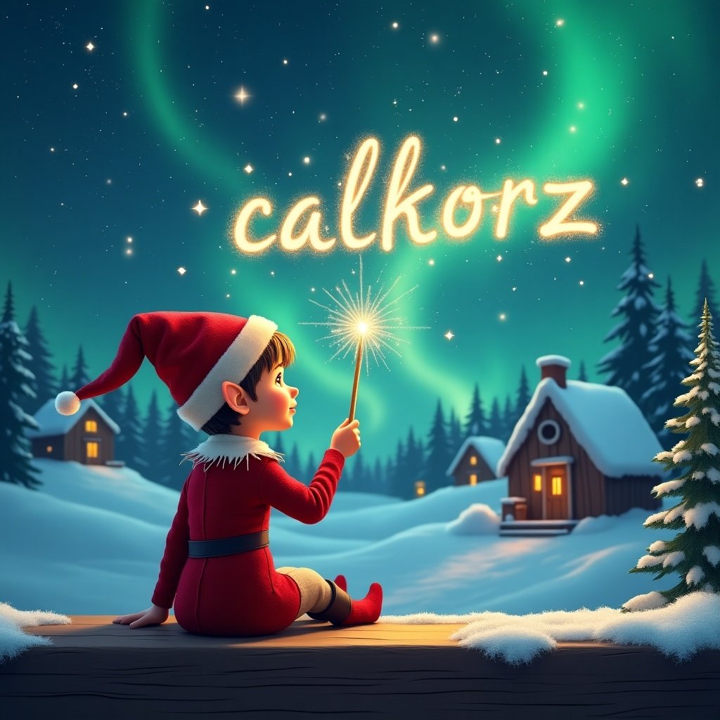 An elf sits on a wooden ledge looking at a magical sky. The elf is in a red outfit with a pointed hat and holds a sparkling wand. The elf writes the name 'calkorz' in the sky. The background has a snowy landscape with little houses and evergreen trees under the Northern Lights. This scene depicts childhood magic and Christmas cheer.