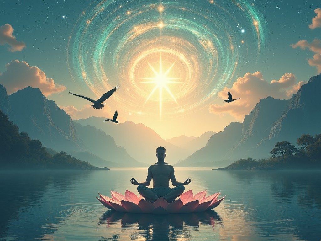 The image depicts a serene scene of a meditator sitting on a large lotus flower, surrounded by a tranquil body of water. Majestic mountains rise in the background, enhancing the peaceful atmosphere. Above, a bright, radiant star shines, casting a soft, ethereal glow over the entire scene. Silhouettes of birds soar gracefully in the sky, adding a sense of freedom and connection to nature. The color palette features soothing tones of teal, pink, and gold, creating a harmonious balance that evokes calmness and introspection.