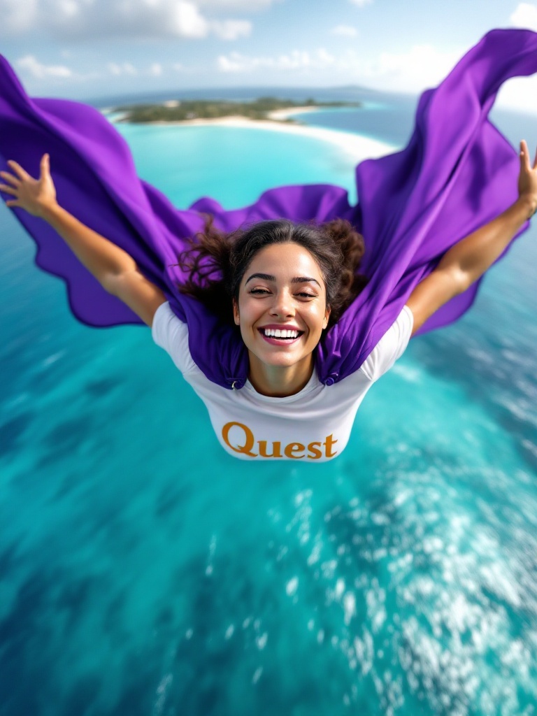 Generate an image of a Spanish daycare teacher soaring over the Caribbean Sea. She wears a purple cape and a white shirt with the word 'Quest'. The sea is turquoise with shining waves and distant palm trees. The scene shows joy and freedom.