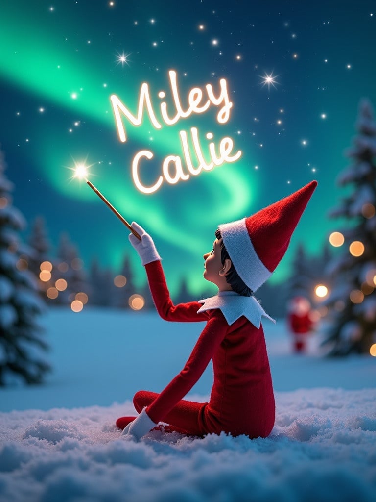 Christmas scene features an elf on the shelf. The elf sits with back to viewer gazing at the sky. A wand writes 'Miley' and 'Callie' in the night sky. Background shows northern lights and Santa Claus. Snow covers the ground creating a winter wonderland. This moment captures holiday joy.