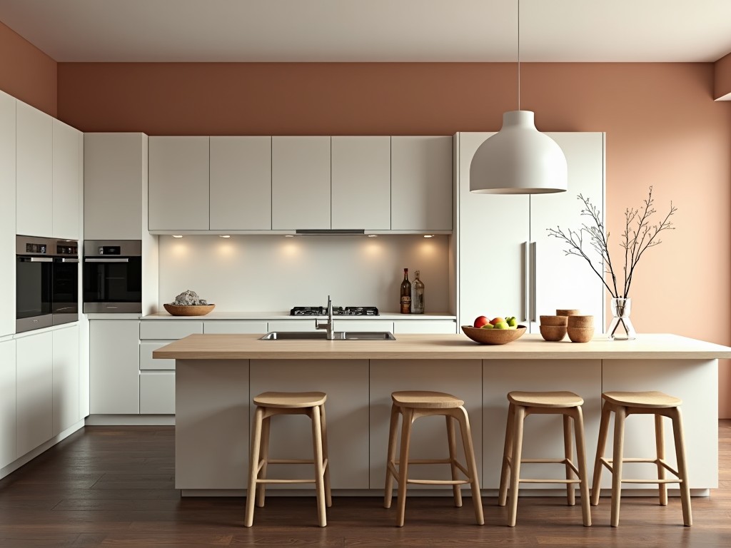 This image presents a modern kitchen with a minimalist design. It features light-colored cabinets paired with a sleek white countertop. On the left, there are stainless steel appliances that reflect soft natural light. The center is dominated by a floating kitchen island made of light wood, surrounded by matching stools. A wooden bowl of fresh fruit and a vase with dried branches add warmth and elegance to the space. The soft tortora wall color enhances the kitchen's inviting atmosphere.