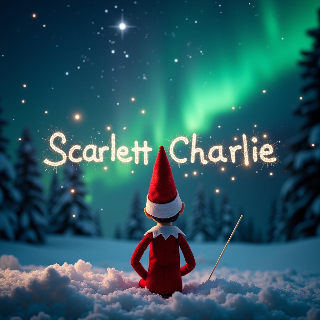 This image showcases an elf on the shelf positioned with its back to the viewer. The elf, dressed in a traditional red outfit, is facing up towards a beautiful dark sky filled with vibrant northern lights. With a magic wand in hand, it is elegantly writing the names Scarlett and Charlie in sparkling letters against the backdrop. The snowy ground adds a serene touch to the magical scene. The overall atmosphere is filled with wonder and holiday joy, perfect for capturing the essence of Christmas.