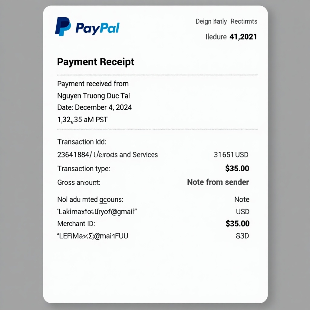 Image showing a PayPal payment receipt with transaction details. Includes date, time, and amount. Shows sender's email and recipient's account. Appears as a formal invoice.