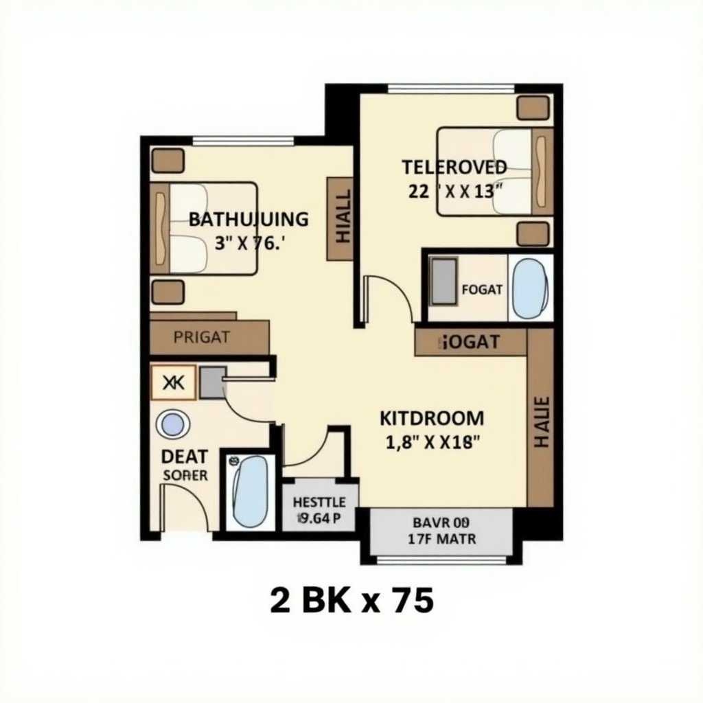 Detailed floor plan of a 2BHK apartment. Two bedrooms with a hall. Kitchen adjacent to the hall. Bathroom connected to the hallway. Compact design maximizing space.