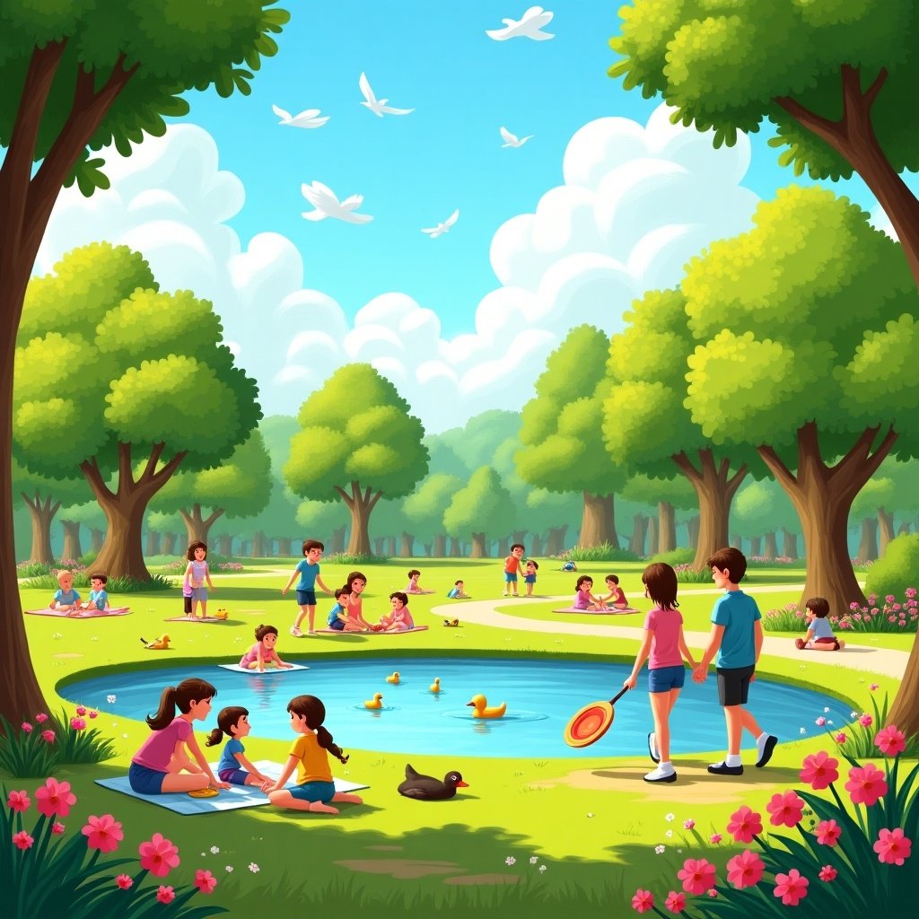 Image depicts a vibrant park on a beautiful spring day. Trees lush with green and colorful flowers bloom. Families enjoy picnics on the grass. Children play with a frisbee. A couple strolls hand-in-hand along a winding path. The background features a clear blue sky filled with fluffy white clouds and birds. A small pond with ducks swimming enhances the tranquil scene. Overall, the atmosphere radiates warmth and joy in nature.