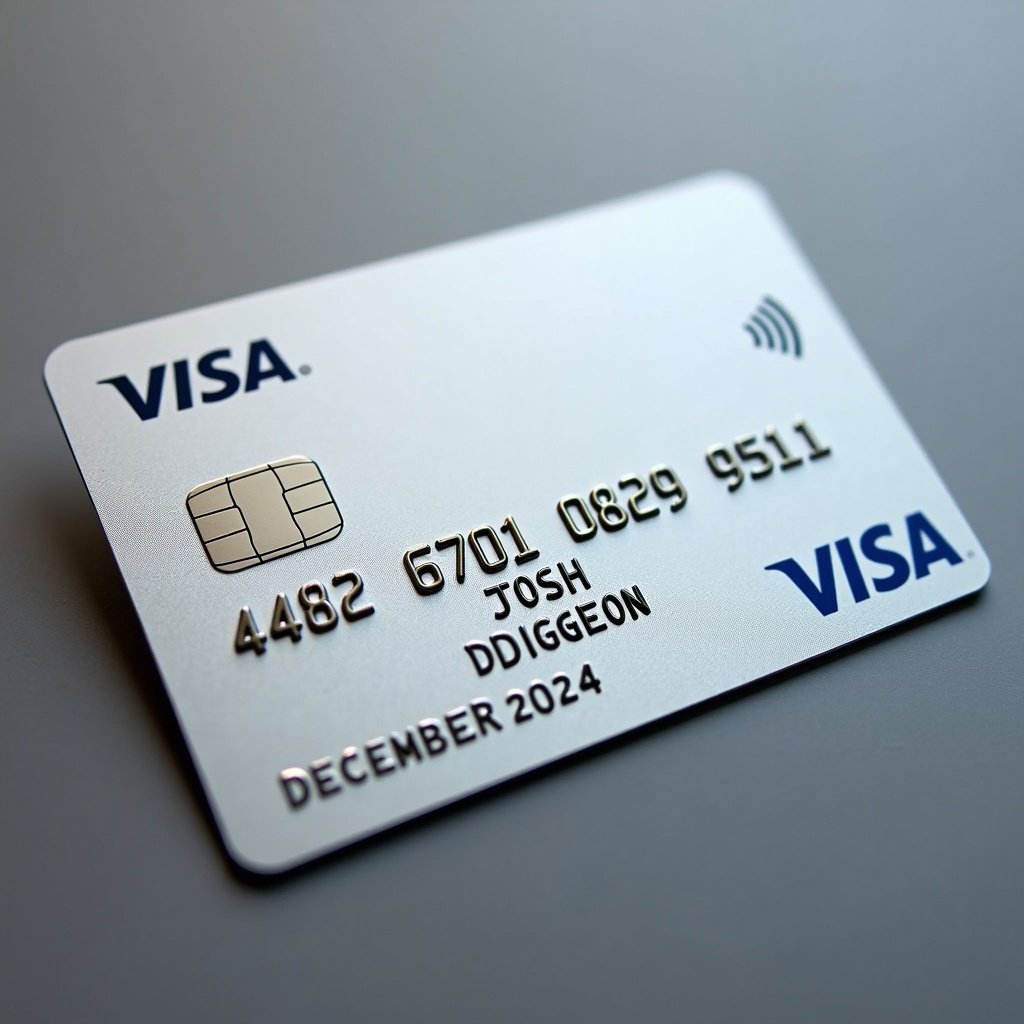 A realistic depiction of a credit card with a sleek design. The Visa logo is visible. Card number reads 4482670108299511. Cardholder name is Josh Dudgeon. Expiry date is December 2024. The design has a silver background with black text.