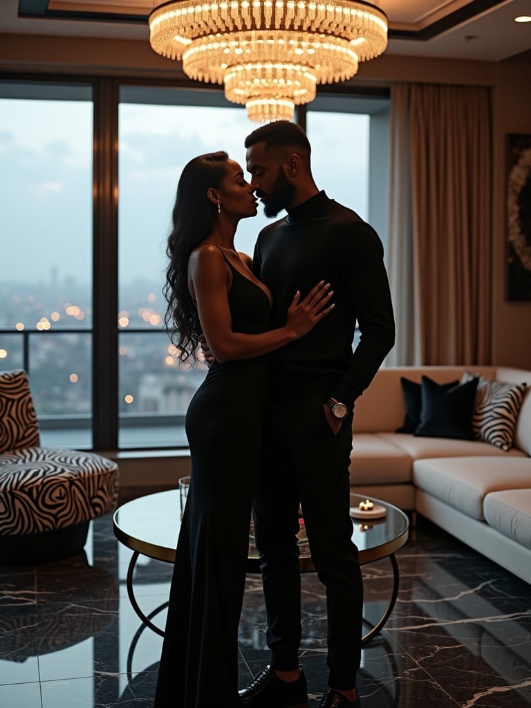 Couple stands close in a luxurious living room. Woman in a sleek black dress shows elegance and sophistication. Man shows quiet confidence in stylish outfit. Stunning Art Deco design with a zebra color scheme. Large chandelier provides warm glow. City lights twinkle in the evening background. Room features plush throws, silk pillows, and modern art pieces.