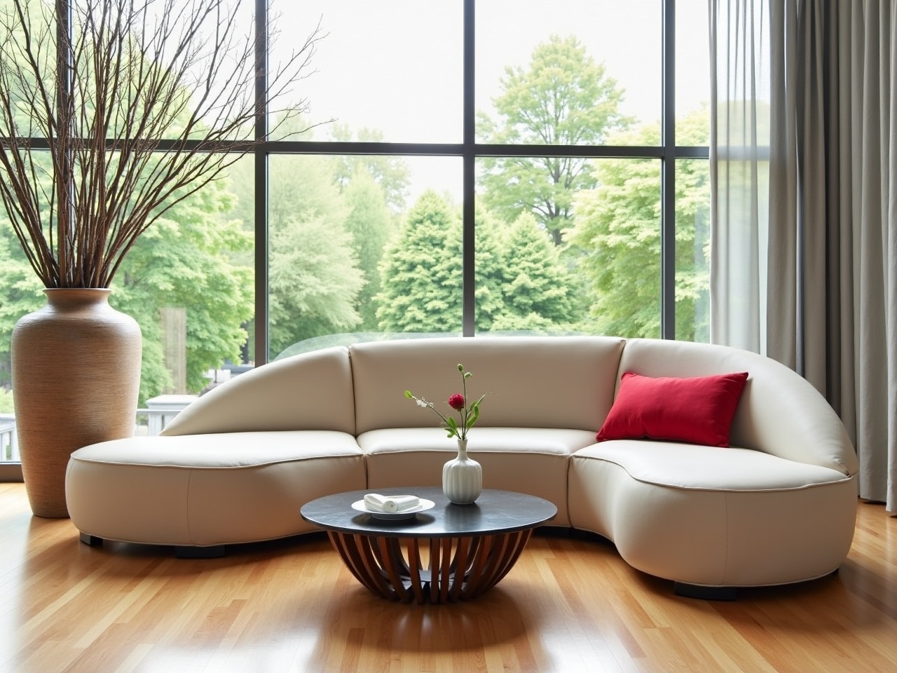 The image showcases a stylish and modern living room designed with elegance. A large, curved, and plush beige sofa is positioned prominently in the space. It features a red accent pillow that adds a pop of color. In front of the sofa is a round coffee table made of glass and wood, enhancing the contemporary feel. A tall, textured vase holds a striking arrangement of branches, adding a natural touch. The floor is made of warm wood, complementing the overall aesthetic. Large windows allow natural light to flood the room, connecting the indoor space with the greenery outside.