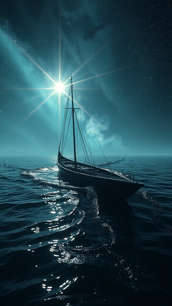 This captivating image depicts a lone sailboat navigating the open sea at night. The most striking feature is the bright, radiant star in the sky that illuminates the scene, casting shimmering reflections on the water's surface. The scene is peaceful yet mysterious, combining the gentle waves and the vast starry sky to evoke a sense of wonder and exploration.