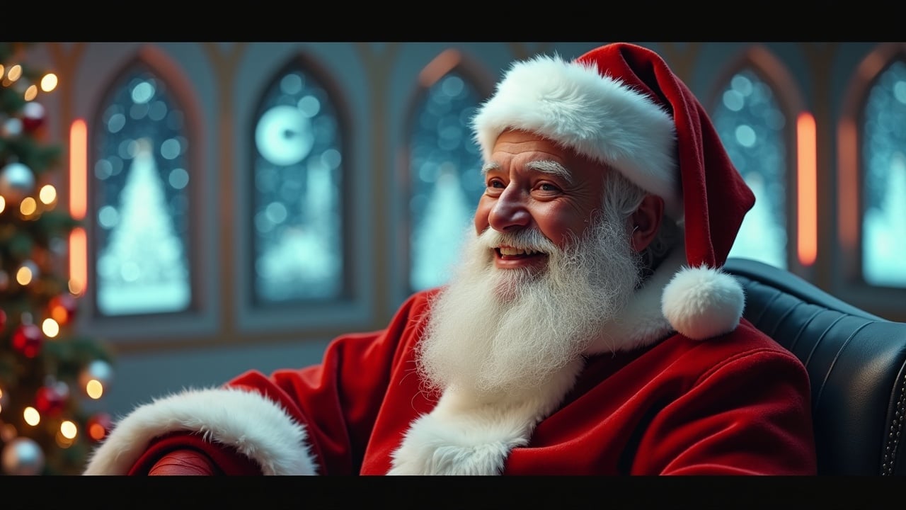 Cinematic image of Santa Claus in a festive room. High-tech atmosphere with holographic designs. Warm and inviting environment. Emphasis on holiday spirit and innovation.