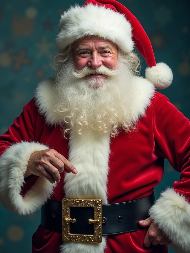 Santa Claus in a red costume with white fur trim and a black belt. Santa is pointing in a joyful manner. Background has a festive decoration. Seasonal message wishing Merry Christmas from the Tst auto import team.