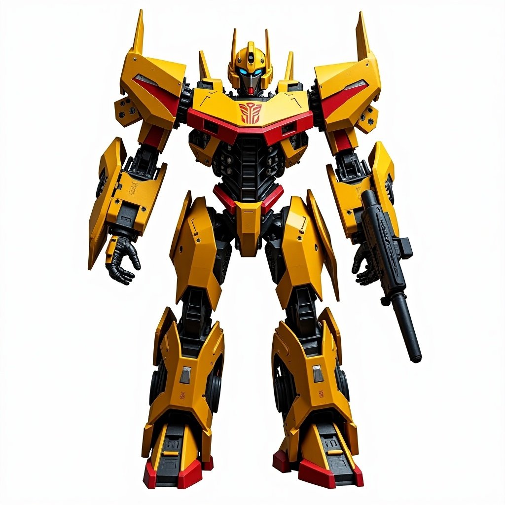 This image showcases a custom transformer robot that stands tall and imposing. The robot is uniquely crafted from theatre equipment, which adds a creative twist to its design. It features a bold color scheme of yellow and red, giving it an eye-catching appearance. The background is completely transparent, allowing for easier integration into various designs. This robotic figure embodies the spirit of innovation and creativity, suitable for entertainment and merchandise.