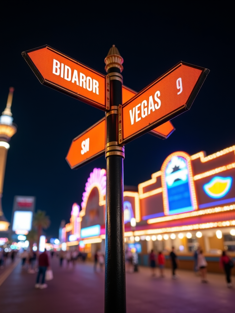 A vibrant signpost with illuminated directions stands in a lively, neon-lit cityscape.