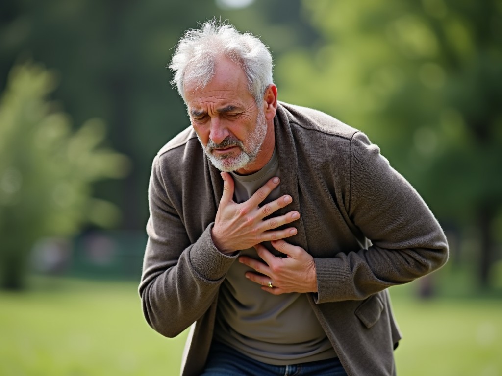 The image captures an elderly man in a moment of distress, grasping his chest as if experiencing discomfort. He is set against a blurred, green outdoor background, suggesting a park setting. His expression is one of strain and concern, bringing focus to the gravity of the situation portrayed.