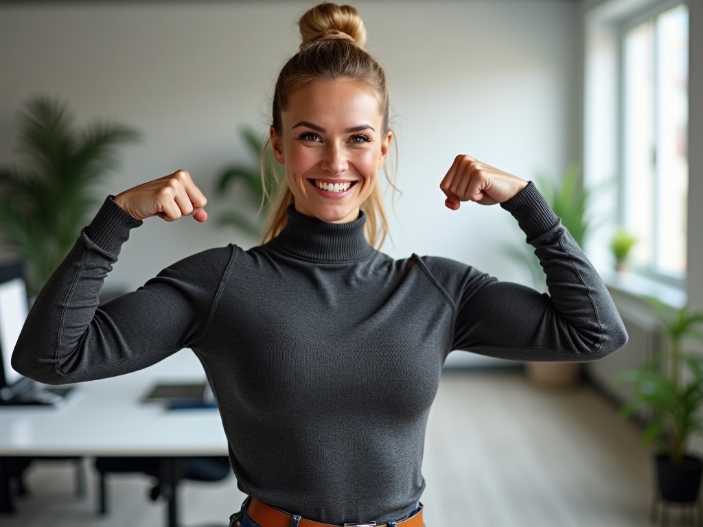 In an office setting, a young woman is confidently flexing her biceps, showcasing her strength. She has long, blonde hair tied up in a bun and wears a gray turtleneck top. The background features bright, natural light with plants and an office desk. Her expression is cheerful and motivational, inspiring confidence and empowerment. This image highlights positivity and wellness in a professional environment.