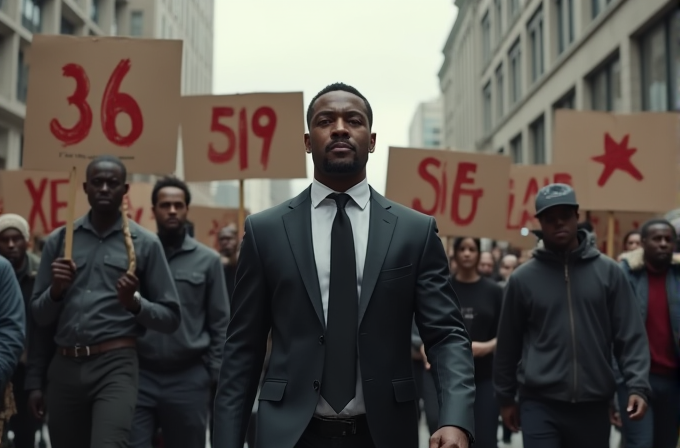 A solemn man in a suit leads a diverse group of protesters holding handmade signs down a city street.