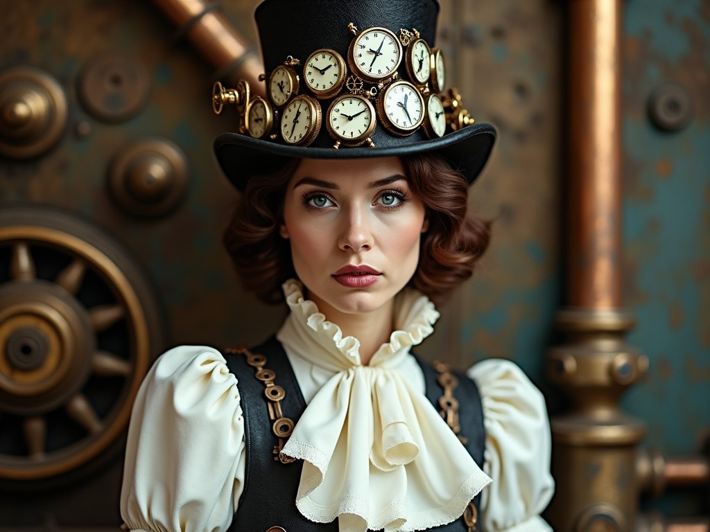 The image features a striking woman dressed in a steampunk style. She wears an elaborate top hat decorated with various clocks. Her shirt is ruffled white and is paired with accessories that evoke a sense of mechanical artistry. The background hints at industrial designs filled with gears and pipes. The overall ambiance is a blend of vintage and fantasy, appealing to the steampunk aesthetic enthusiasts.