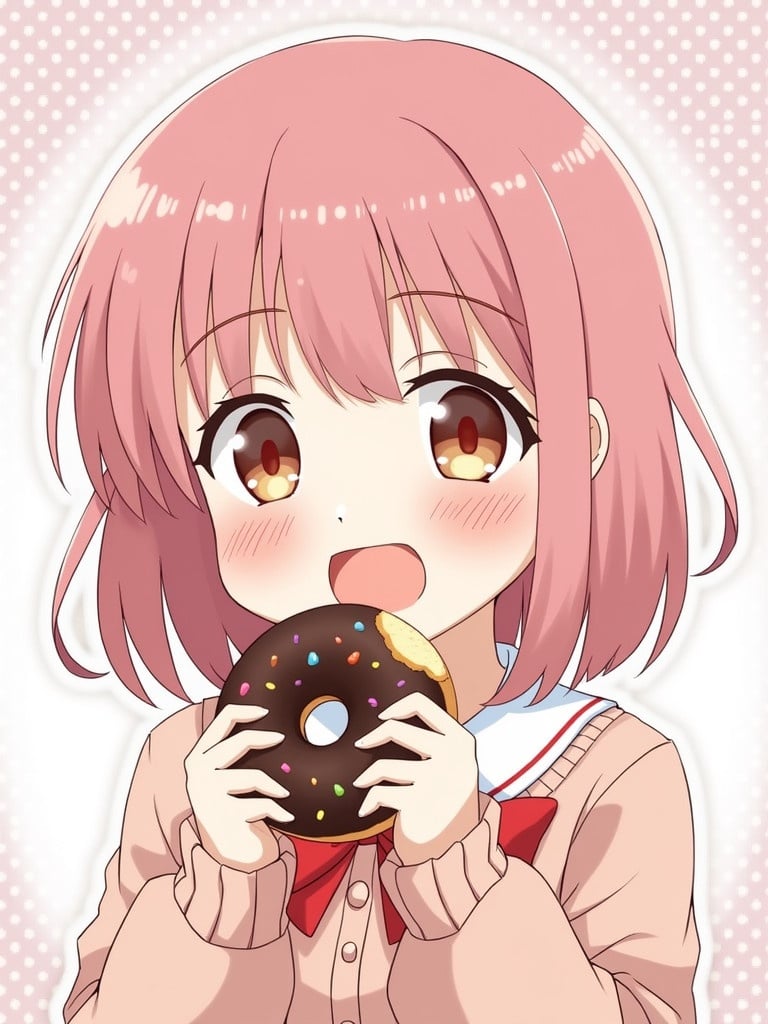 Anime girl smiles happily while eating a delicious donut she holds in her hands with a joyful expression. She wears a light sweater with a bow tie.