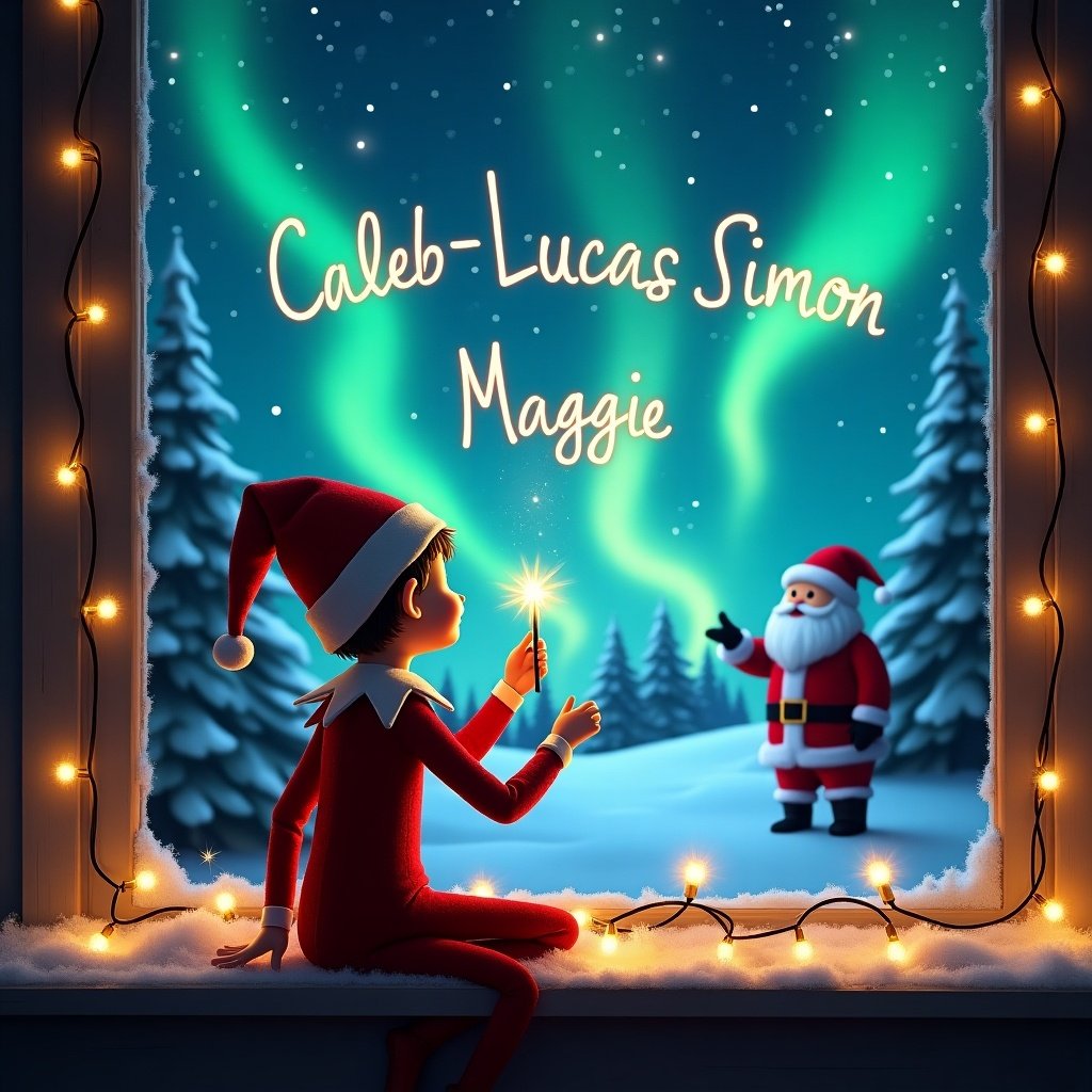 The image portrays a whimsical Christmas scene. An elf on the shelf is seated with his back to the viewer. He holds a wand, magically inscribing glowing names in the air. Vibrant northern lights swirl in the night sky, creating a magical backdrop. Santa Claus can be seen in the distance, adding festivity to the scene. Snow-covered trees frame the cozy window, and twinkling lights adorn the sill, enhancing the holiday spirit.