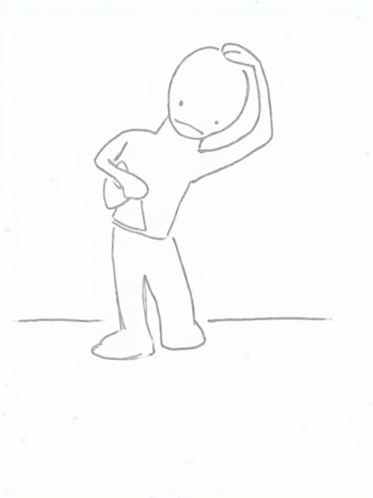 Simple 2D black and white illustration of a stick man scratching head. Character appears puzzled or thoughtful. Line drawing with no intricate details.