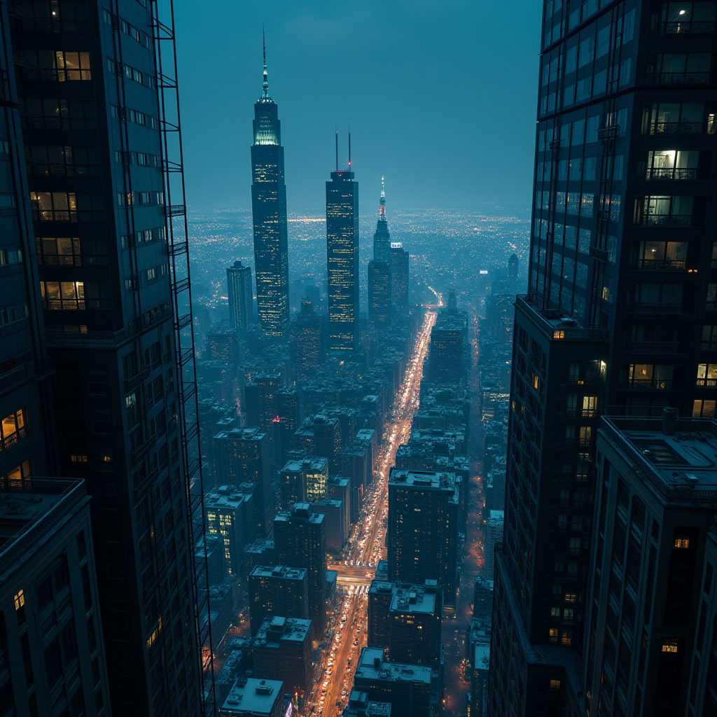 A cityscape at night with illuminated skyscrapers and streets bustling with traffic under a blueish glow.