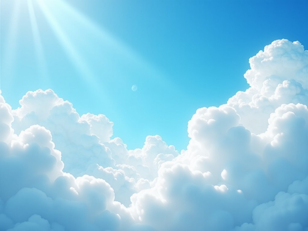 The image depicts a serene view of fluffy white clouds set against a vibrant blue sky. Bright sunlight beams down from above, creating a peaceful and uplifting atmosphere. The clouds appear soft and dreamy, inviting feelings of calmness. This scene represents the beauty of nature, evoking a sense of freedom and tranquility. It's an ideal representation of a clear sky day, perfect for relaxation or reflection.