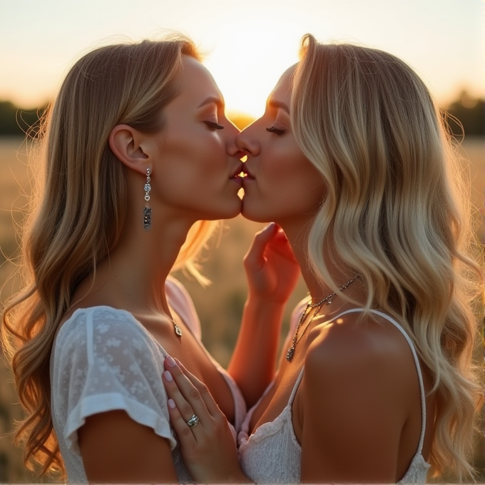 Two women share a gentle kiss in a sunlit field at sunset.