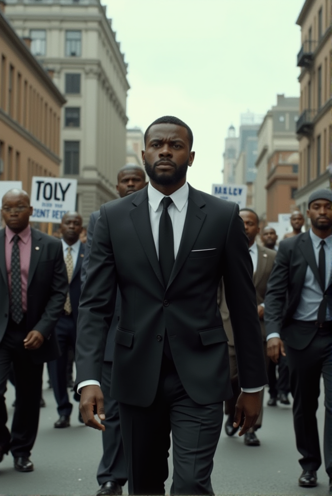 A group of people in suits are marching down a city street, holding signs.