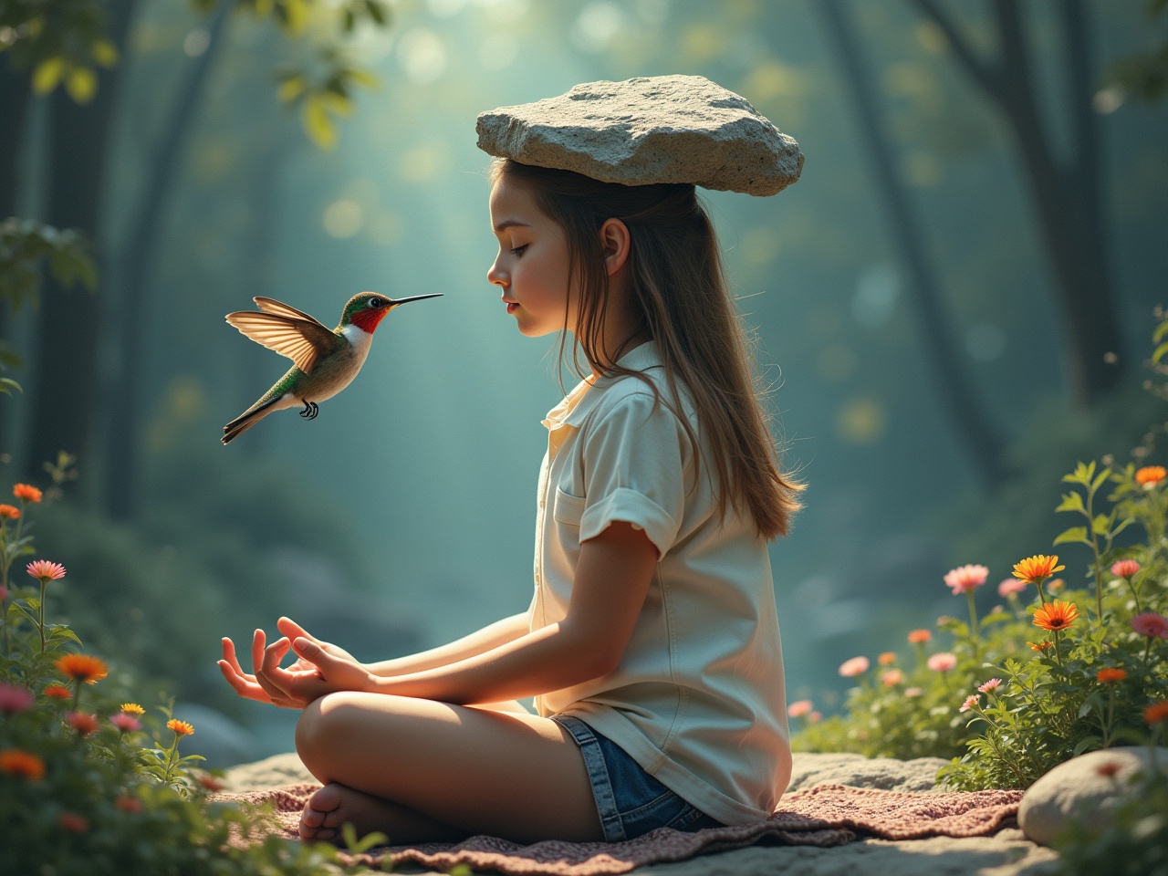 A young girl sits in a meditative pose in a serene natural setting. She has a smooth rock balanced on her head, symbolizing tranquility and grounding. In front of her, a colorful hummingbird hovers, adding a sense of wonder to the scene. The background is softly lit, with gentle beams of light filtering through trees, creating a magical atmosphere. Surrounding her are vibrant flowers that enhance the dreamlike quality of the image, inviting viewers into a peaceful moment of meditation.