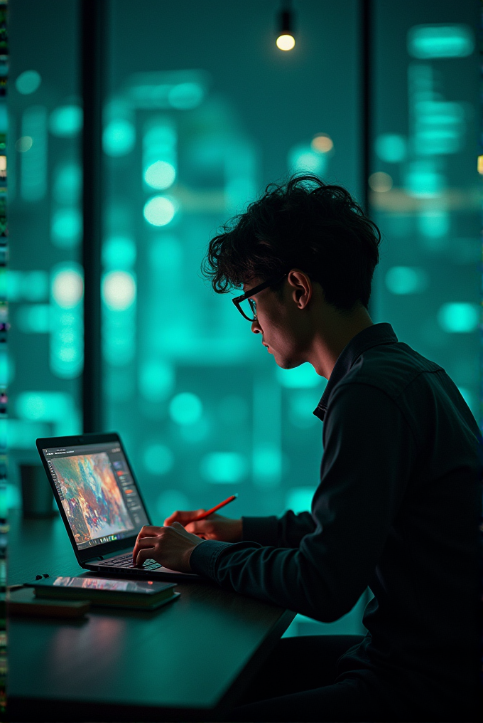 A person in a dimly lit room works intently on a laptop with colorful digital art on the screen, set against a backdrop of vibrant city lights.