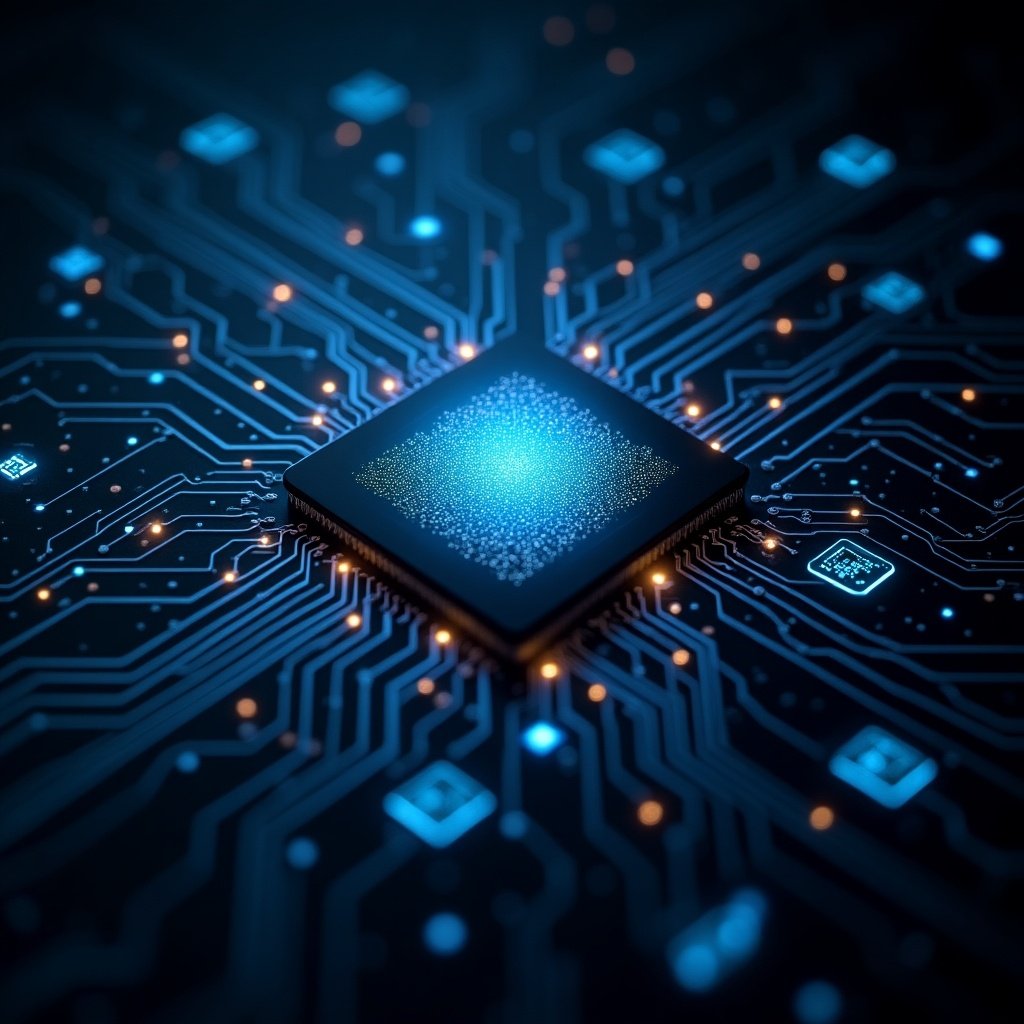 A visually striking image depicting high technology electronics. Centered is a microchip with intricate circuitry surrounding it. The scene is illuminated by a vibrant blue glow with traces of orange lights. The design emphasizes a modern and futuristic aesthetic.