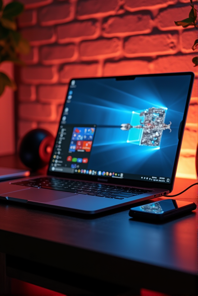 A sleek laptop and smartphone on a desk with a red-lit brick wall backdrop, creating a warm ambiance.