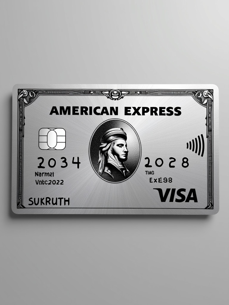 Image of a platinum American Express credit card featuring a clear Visa logo. Cardholder name visible as sukruth. Expiry date noted as March 2028. Silver background with bold black font for a modern, elegant look.