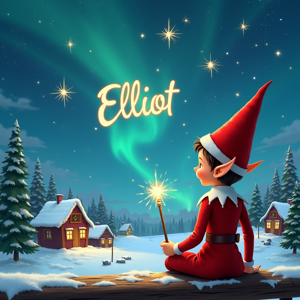 An elf in a red outfit with a pointed hat sits on a wooden ledge gazing at a magical sky. The elf holds a sparkling wand and writes the name 'Elliot' in the sky. Scene features a snowy landscape with charming houses, evergreen trees, and shimmering Northern Lights. The elf also writes the names 'Natasha' and 'Ada' in the sky, enhancing the whimsical atmosphere.