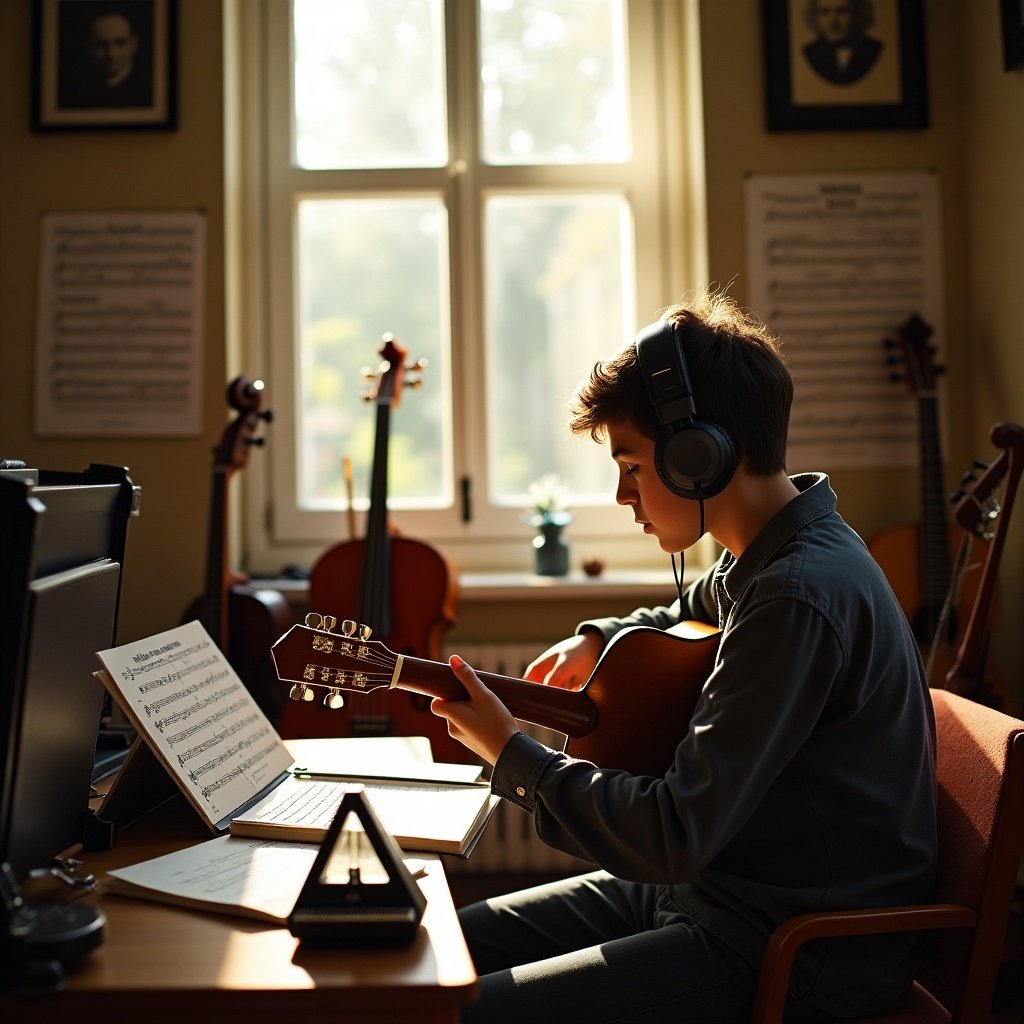 Person engages in musical studies. Individual plays guitar while surrounded by instruments. Sheet music and computer present. Focus on learning music.