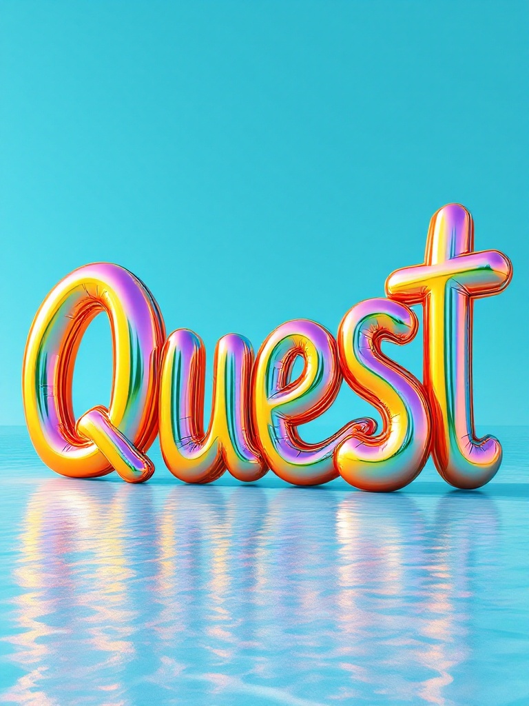 The image showcases the word Quest styled as a vibrant turquoise colored sculpture. The letters have a glossy mirror-like finish. Light playfully reflects off the surface. The letters are artistically balanced with exaggerated curves. The background features a light blue color resembling the Caribbean sea. The aesthetic is striking and contemporary.