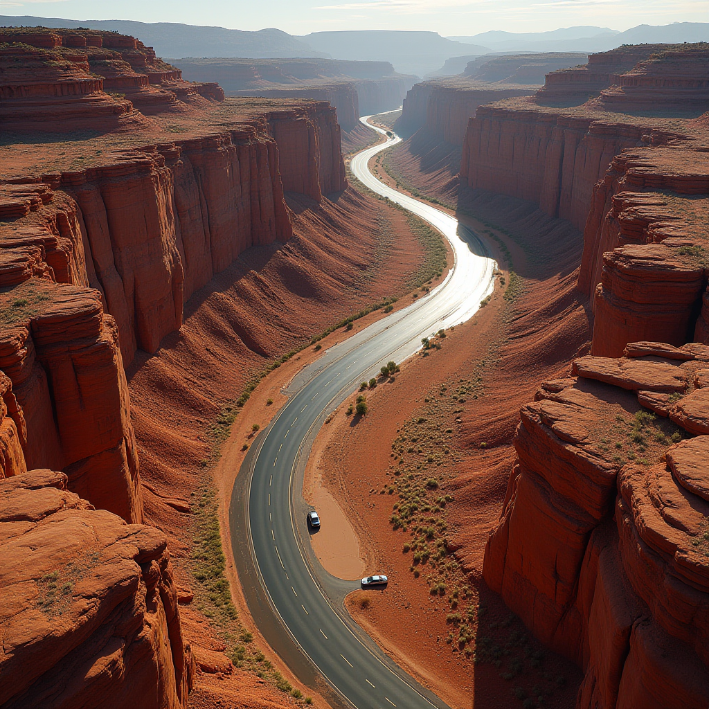 A winding road cuts through a stunning red rock canyon landscape, with two cars highlighting the vastness of the scene.