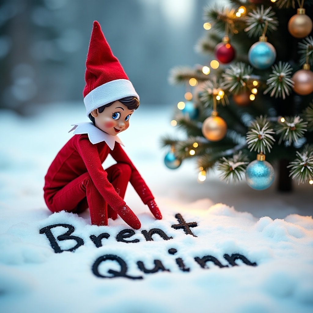 Whimsical Elf on the Shelf in a red outfit writes names 'Brent' and 'Quinn' in the snow. A Christmas tree with ornaments is in the scene. Joyful Christmas atmosphere.