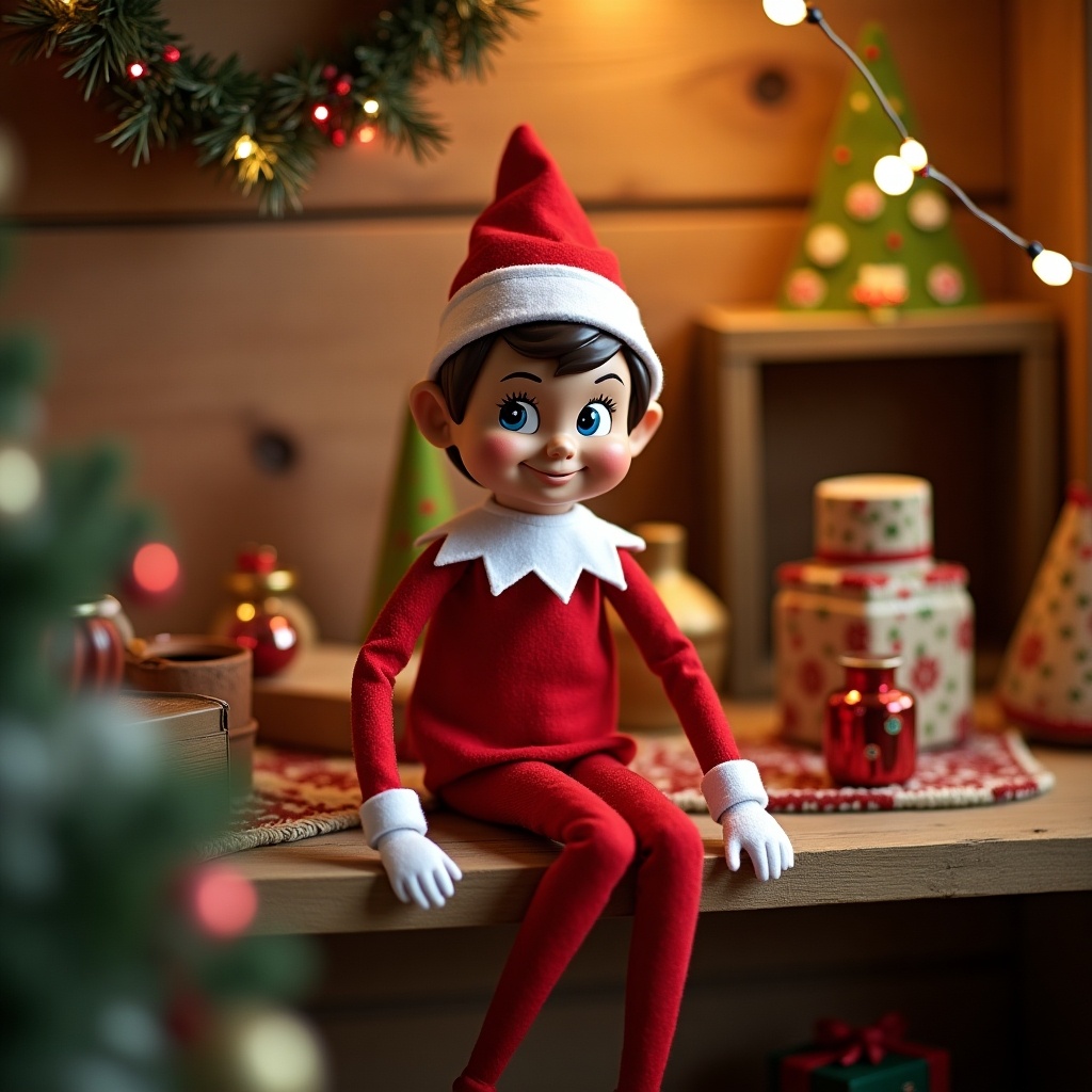 A cheerful Elf on the Shelf doll sits on a wooden shelf. The background features Christmas decorations including trees, gifts, and twinkling lights.