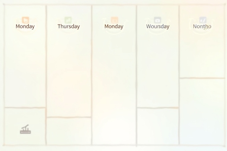 A simple layout showing a week represented in a planner format. Boxes for each day of the week labeled with Monday, Thursday, Monday, Woursday, and Nontho. Minimalistic design with clear sections.